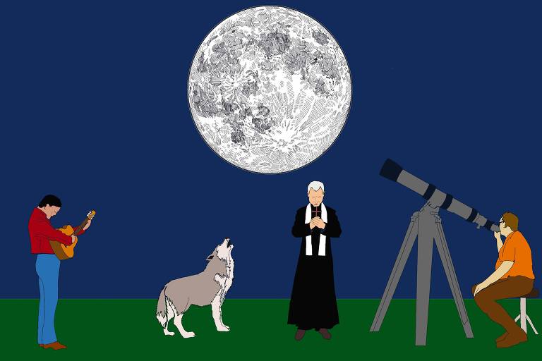 A ilustração de Annette Schwartsman, publicada na Folha de São Paulo no dia 3 de março de 2024, mostra uma lua cheia no meio do céu azul marinho e, sob o astro, quatro figuras em ação, da esquerda para a direita: um músico faz serenata, um lobo uiva, um padre reza e um cientista observa pelo telescópio. 