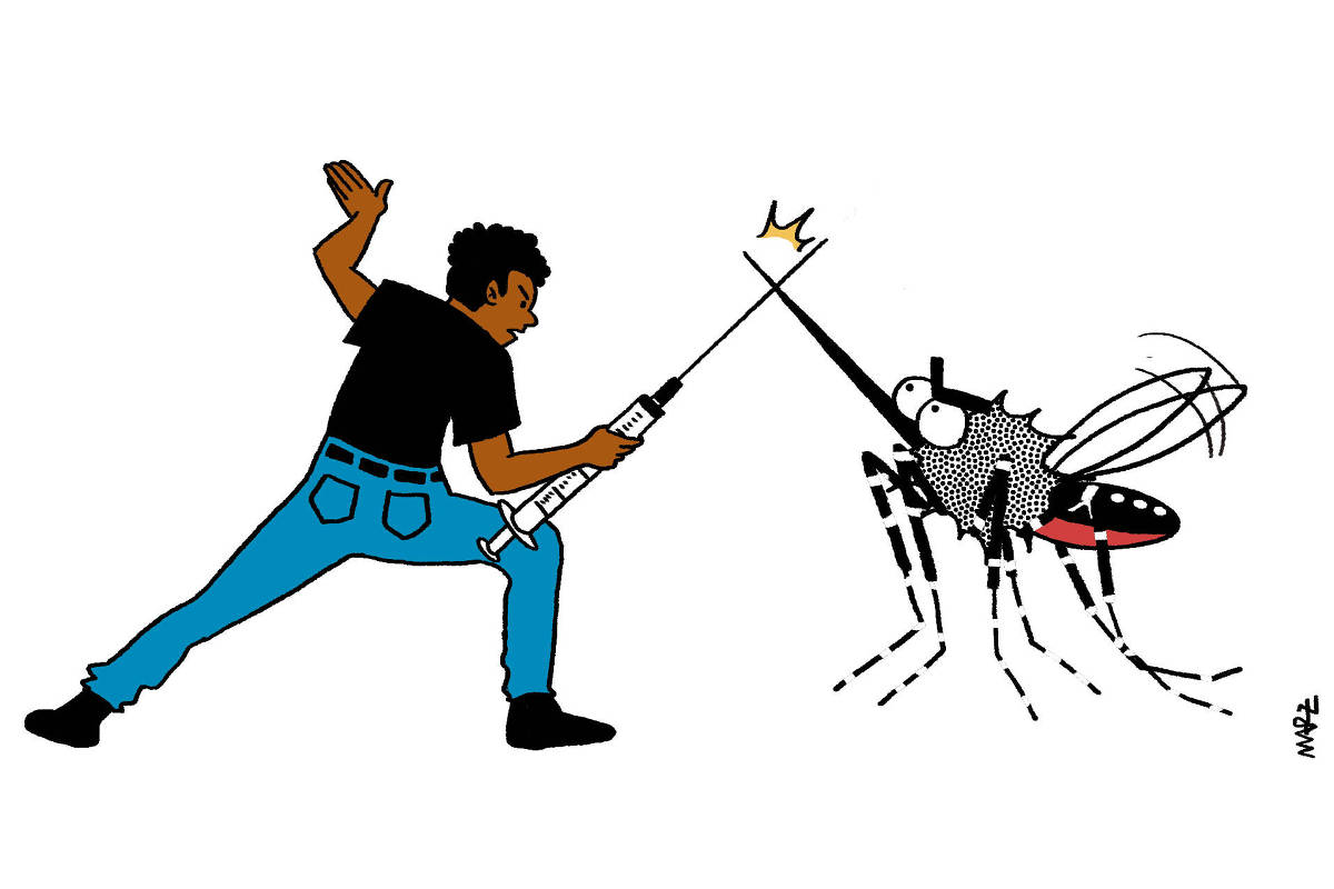 A charge de Marília Marz mostra um homem lutando esgrima com um mosquito da dengue. O homem segura uma seringa, cuja agulha está cruzada com o "bico" do mosquito.