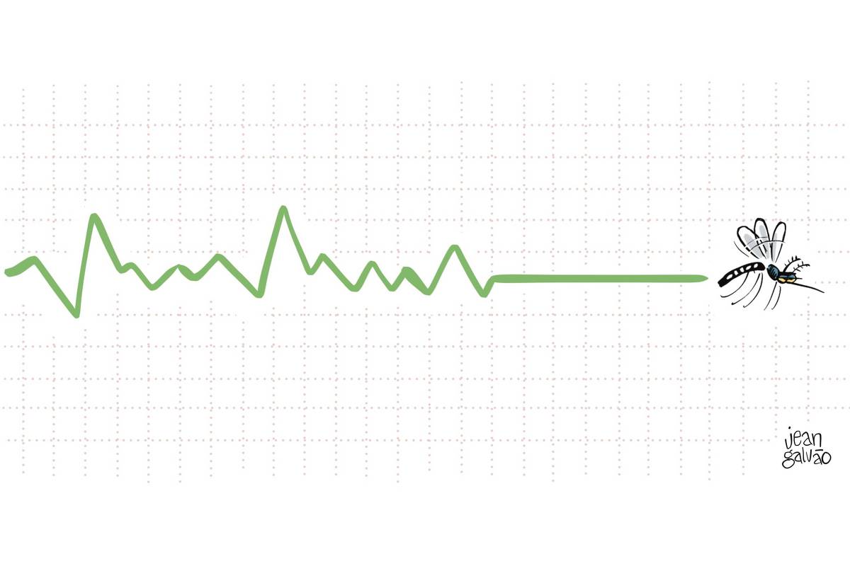 Texto para todos verem: A charge de Jean Galvão publicada na Folha mostra um sinal gráfico verde de hospital em uma linha oscilante. A sinal torna-se uma linha reta e ao final vemos o mosquito da dengue.