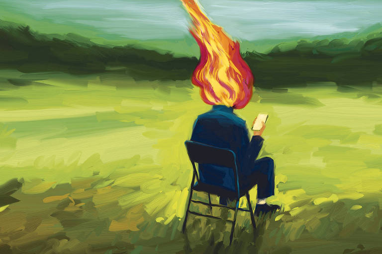 A ilustração de Adams Carvalho, publicada na Folha de São Paulo no dia 03 de Março de 2024, mostra o desenho de uma pessoa sentada numa cadeira em um jardim segurando um celular com a cabeça em chamas.