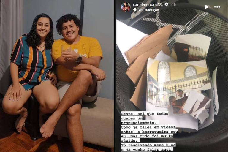 Camila Moura e Lucas Henrique; esposa rasgou fotos do casal após flerte dele com Pitel