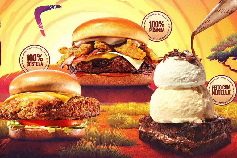 Cartaz de lançamento da campanha "100% bold", do Outback, que lança hambúrgueres feitos 100% com costela ou picanha, e sobremesa servida com bisnaga de Nutella