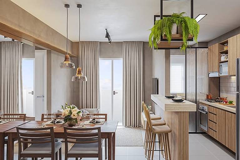 Projeção do apartamento popular com cozinha integrada da Rio8