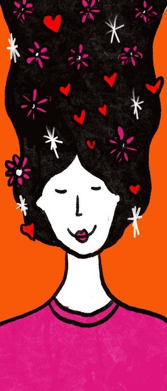 Desenho de uma mulher com cabelo cheio de flores, estrelas e corações em homenagem ao Dia das Mulheres