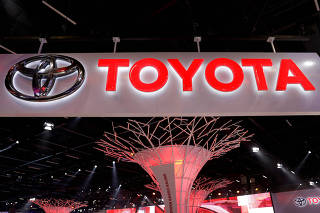 FILE PHOTO: The Toyota logo is pictured during the media day of the  Salao do Automovel International Auto Show in Sao Paulo