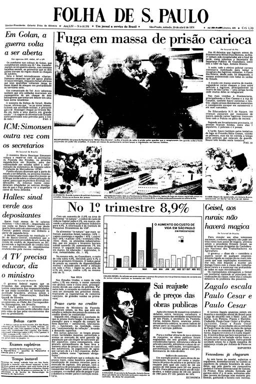 Primeira Página da Folha de 20 de abril de 1974