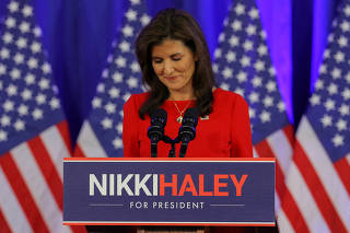 Republican presidential candidate Nikki Haley announces the suspension of her campaign, in Charleston