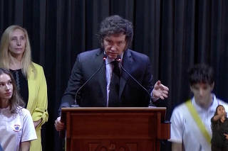 A student faints as Argentina's President Javier Milei speaks at his former school in Buenos Aires