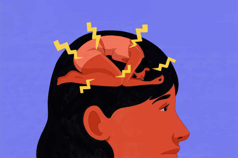 Ilustração mostra a a cabeça de uma mulher de perfil; dentro da cabeça dela, já uma mulher encolhida com dor