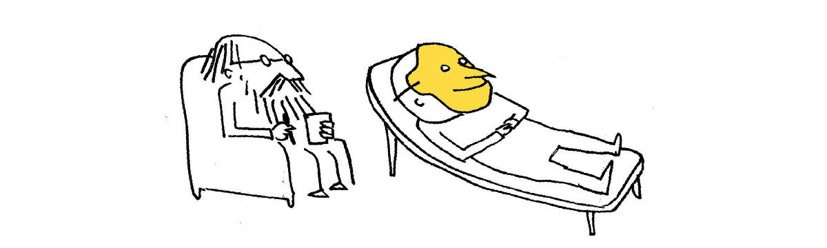 A tira de André Dahmer, publicada em 07.03.2024, tem apenas um quadro. Nele, um psicólogo observa um paciente deitado ao divã. O paciente usa uma máscara amarela. A máscara é de um rosto sorridente