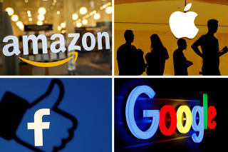 FILE PHOTO: The logos of Amazon Apple Facebook and Google