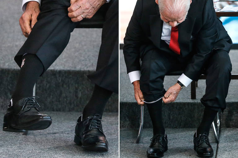 Na montagem, o presidente Lula mostra meia com o distintivo do Corinthians em evento no Planalto