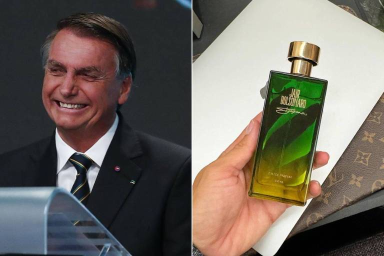 Em foto montagem, homem sorridente posa para foto e ao lado um clique de uma frasco de perfume