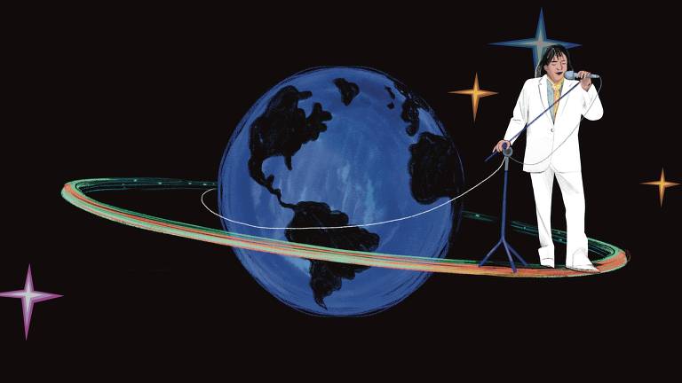 Ao centro de um fundo preto o planeta terra azul, com um anel colorido ao seu entorno. No canto direito do anel luminoso está em pé e cantando a figura de Roberto Carlos. Ao fundo há quatro estrelas brilhantes. 