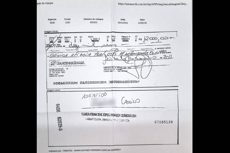 Reprodução de recibo e cheque supostamente destinados a pagamento de clínica do filho do então comandante-geral Alvaro Camilo. Papel entregue pela defesa e família do ex-tenente-coronel José Afonso Adriano Filho. Procurado, Camilo disse que assunto foi investigado e arquivado.