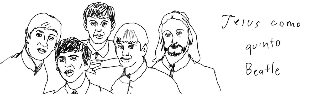 A tirinha em preto e branco de Estela May, publicada em 09/03/24, traz um desenho dos Beatles com Jesus. À direita da imagem, “Jesus como quinto Beatle”