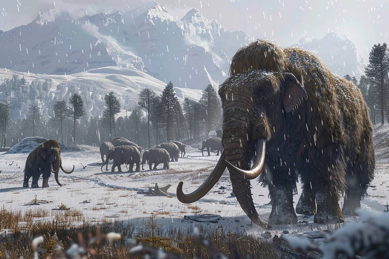 imagem criada em computador para ilustrar mamutes vivendo no ártico. há um animal grande à direita e outros andando pelo gelo, entre árvores