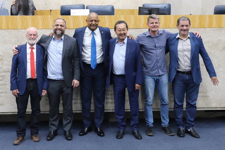 6 homens da comissão da Comissão de Saúde, Promoção Social, Trabalho e Mulher, na Câmara Municipal de São Paulo. Sendo 4 homens brancos, 1 com ascendência do leste asiático e 1 afrodescendente. 