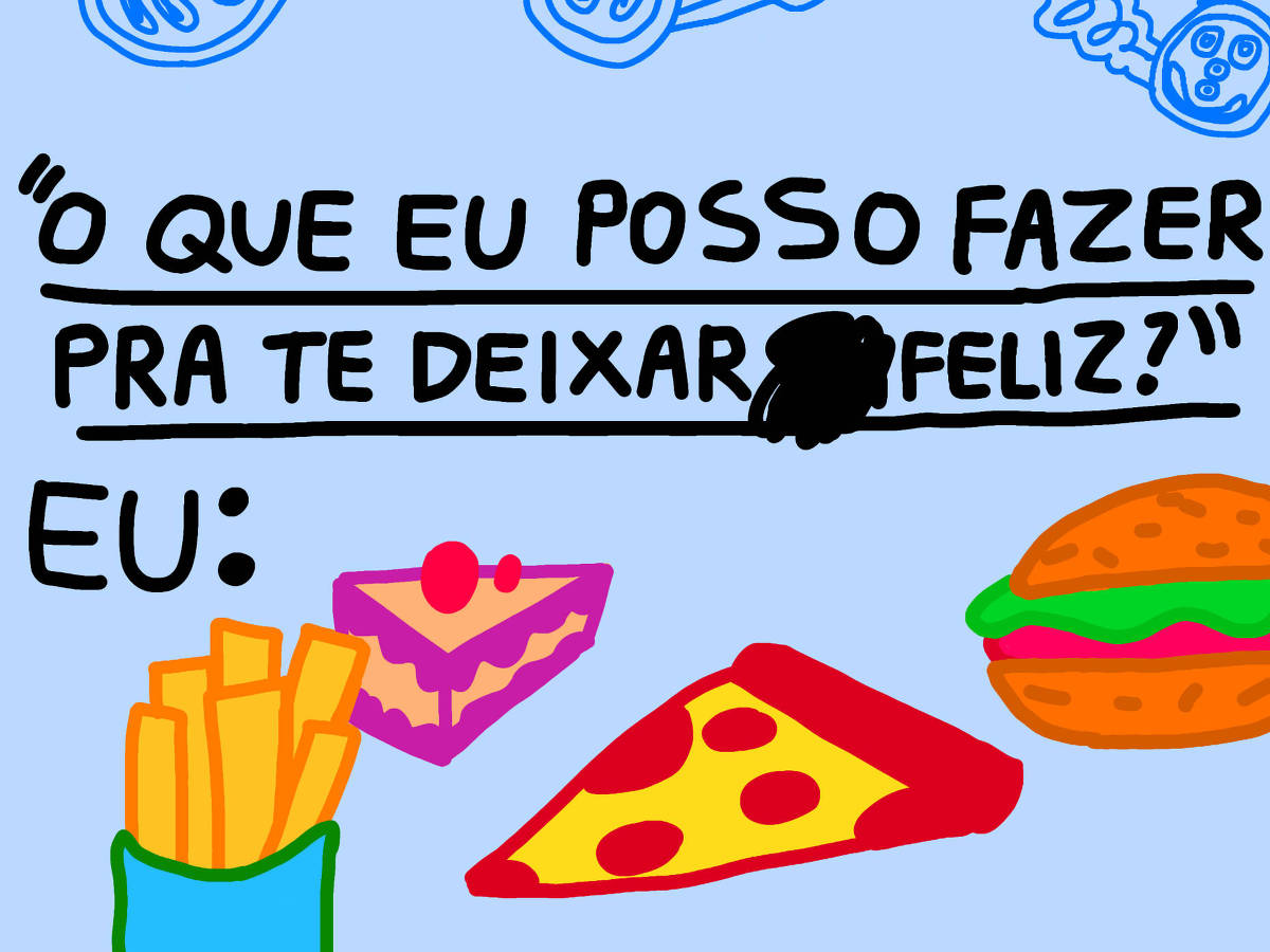 Frase 'o que posso fazer para te deixar mais feliz?'. Abaixo, imagens de comida, pizza, batata frita