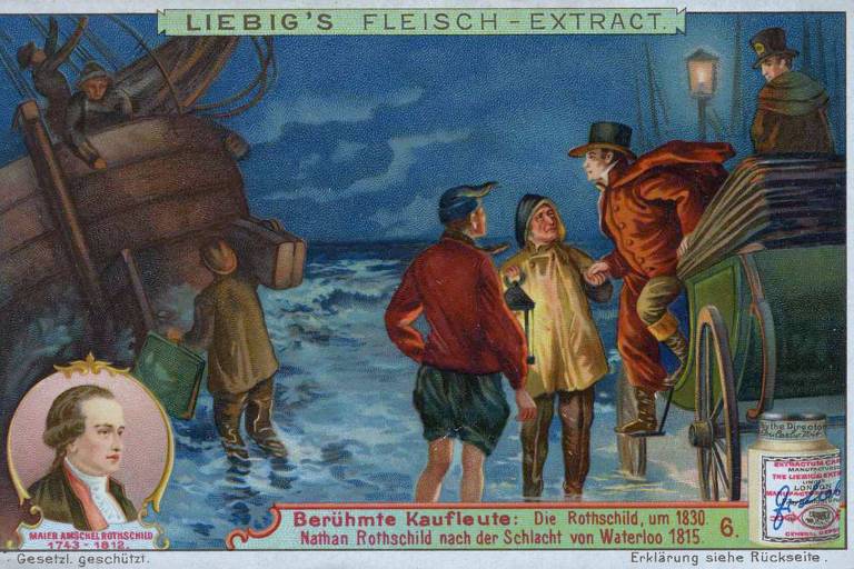 Quadro que ilustra a suposta viagem de Nathan Rothschild de Waterloo a Londres mostra três pessoas conversando, enquanto outra tenta controlar um barco que está no mar
