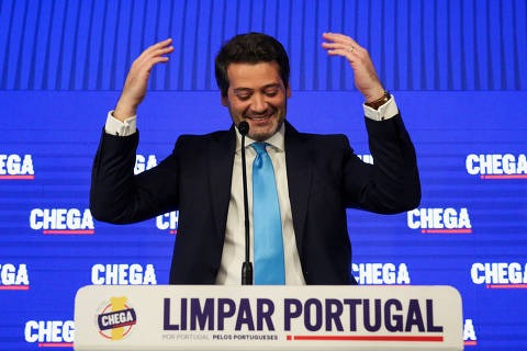Far right political party Chega leader Andre Ventura reacts following results in the general election in Lisbon, Portugal, March 11, 2024. REUTERS/Pedro Rocha ORG XMIT: LIVE