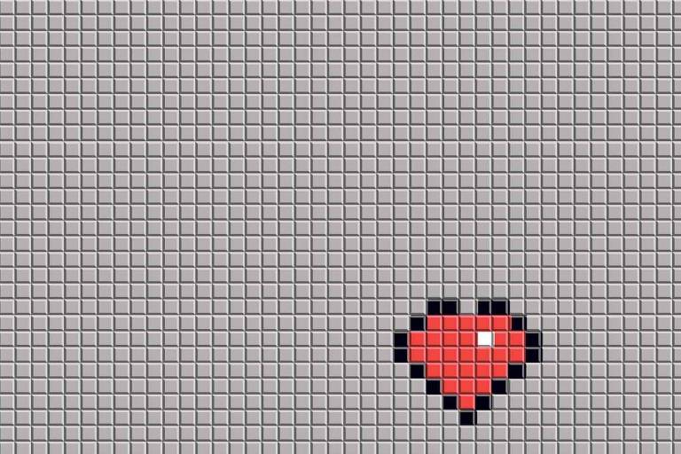 Ilustração em pixel art de um coração vermelho com uma unidade branca nele. Ele está posicionado na parte inferior e perto do centro da imagem. O fundo é cinza.