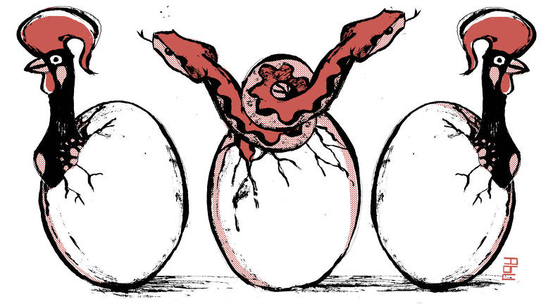 Composição com 3 ovos.  De dentro do da esquerda e no da direita, nascem galos de Barcelos, símbolo de Portugal. Daquele que está no meio, surge uma serpente de duas cabeças.