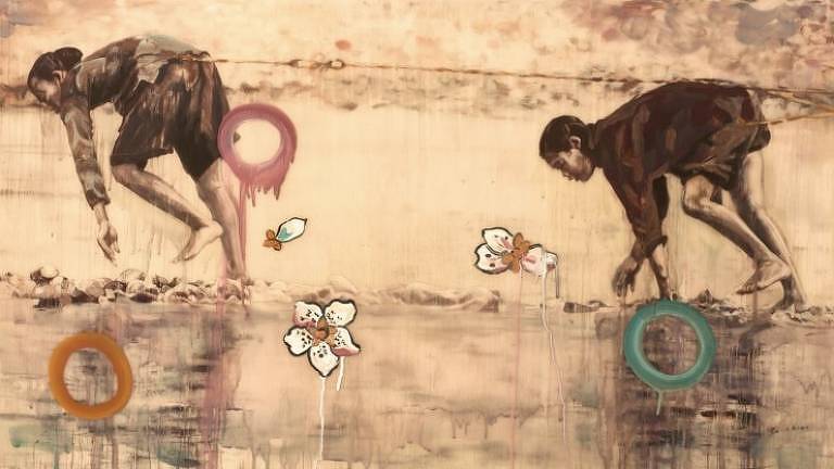 'Mother, Daughter and River' (Mãe, Filha e Rio), tela da artista chinesa-americana Hung Liu. 