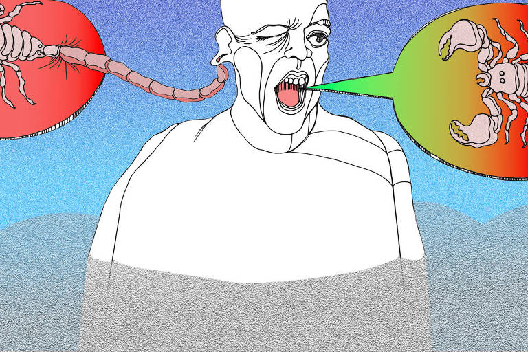 Na Ilustração uma figura no centro da imagem, gritando de boca bem aberta. Da boca, à direita, sai um balão de historia em quadrinhos. Parte do balão fica à direita da figura e a parte restante fica no extremo esquerdo da ilustração dando continuidade ao que está dentro do balão: um escorpião ameaçador. Do lado esquerdo, a cauda do escorpião atravessa o balão e finca o ferrão no lóbulo da orelha furando e puxando com força. Completa a ilustração uma textura cinza onde está submerso até os cotovelos a figura, e num fundo de céu azul claro também com textura.