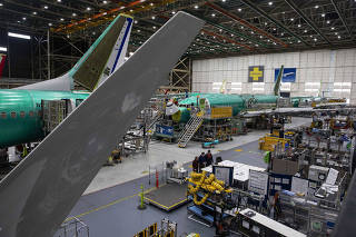 Boeing 737 Max airplanes on the assembly line at the Boeing plant in Renton, Wash., on March 27, 2019. (Ruth Fremson/The New York Times)