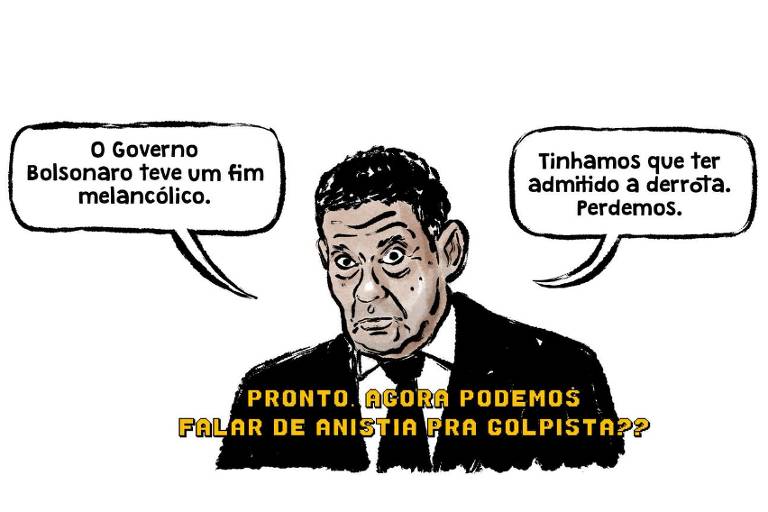 Descrição: O General Mourão de terno e gravata admite: "O Governo Bolsonaro teve um fim melancólico. Tínhamos que ter admitido a derrota. Perdemos." E abaixo sobre seu dorso em letras amarelas a pergunta: "Pronto. Agora podemos falar de anistia pra golpista??" 