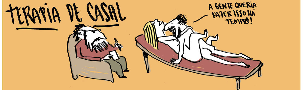A tira de André Dahmer, publicada em 14.03.2024, tem apenas um quadrinho. Com o título "Terapia de casal", mostra um casal fazendo sexo sobre um divã. Um psicanalista observa a cena. Feliz, o homem que está fazendo sexo, diz: "A gente queria fazer isso há tempos!"