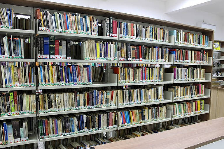 Livros dispostos em grande estante em biblioteca