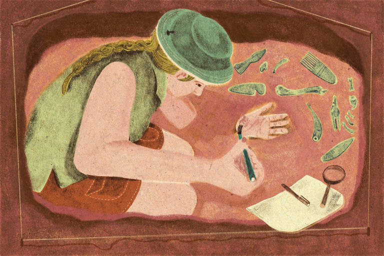 Arte ilustra uma pessoa de chapéu analisando algo no chão ao lado de um caderninho, uma mão está deslocada do corpo