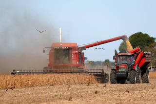 FILE PHOTO: A combine harvester is used to harvest soybeans on farmland in Chivilcoy, on the outskirts of Buenos Aires