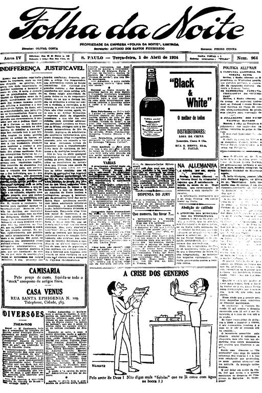 Primeira Página da Folha da Noite de 1º abril de 1924
