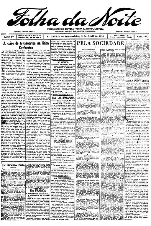 Primeira Página da Folha da Noite de 2 de abril de 1924