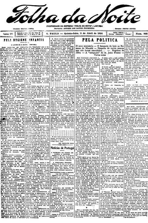 Primeira Página da Folha da Noite de 3 de abril de 1924