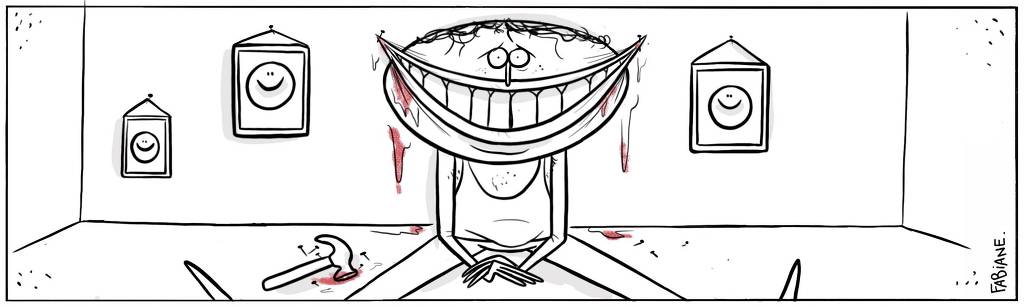 A tira Viver Dói, de Fabiane Langona, publicada em 15/03/2024 mostra uma sala. Nas paredes, vemos 3 quadros com o tradicional símbolo "smile" em molduras presas por pregos. No chão, vemos um homem sentado. Ele tem os lábios pregados na parede pelas extremidades, formando assim um sorriso. No chão, também vemos um martelo e alguns pregos. Gotas de sangue escorrem pelo sorridente rostinho triste do personagem. 