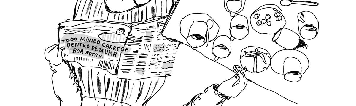 A tirinha em preto e branco de Estela May, publicada em 15/03/24, traz um desenho de uma mulher sentada ao lado de uma mesa com diversas xícaras de café lendo um jornal que diz “todo mundo carrega dentro de si uma boa notícia”