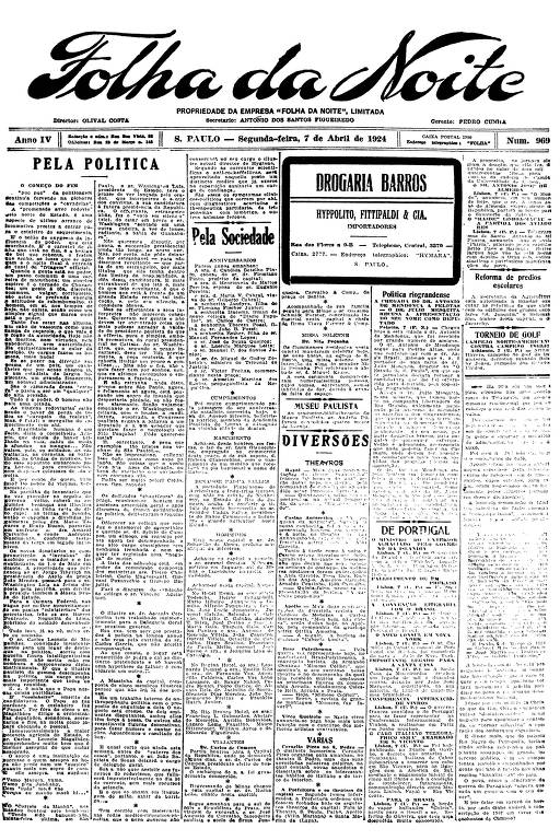 Primeira Página da Folha da Noite de 7 de abril de 1924