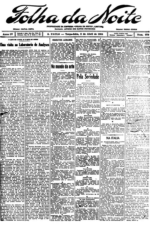 Primeira Página da Folha da Noite de 8 de abril de 1924