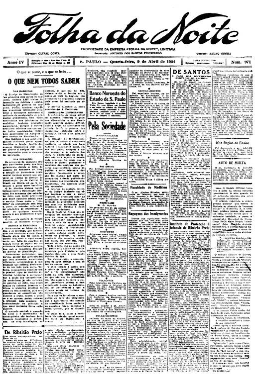 Primeira Página da Folha da Noite de 9 de abril de 1924