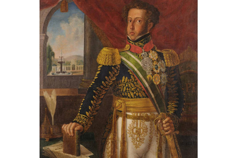 Pintura de D. Pedro I, em trajes formais, segurando um livro.