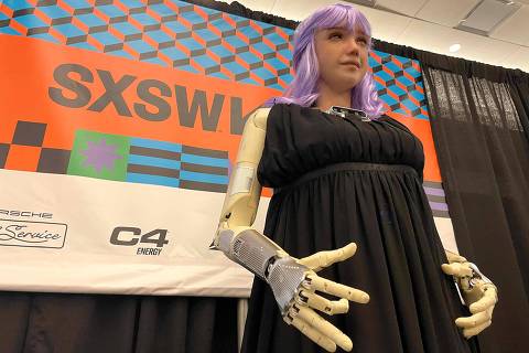 Desdemona, a humanoid robot designed by Hanson Robotics and endowed with expressiveness and interactivity to teach AI to understand and care about people, is displayed at a SXSW conference titled How to make AGI beneficial and avoid a robot apocalypse in Austin, Texas, on March 12, 2024. David Hanson - founder of Hanson Robotics and who designed Desdemona, a humanoid robot that functions with generative AI - brainstromed about the plus and minuses of AI with superpowers.
AI's 