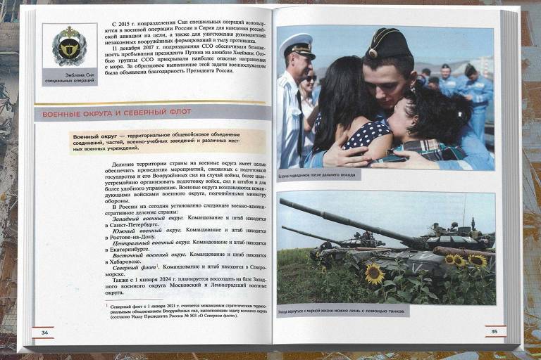 Uma das ilustrações do livro é a foto de um tanque russo na Ucrânia, com a seguinte legenda: 'Às vezes, a paz só pode ser restaurada com a ajuda de tanques'
