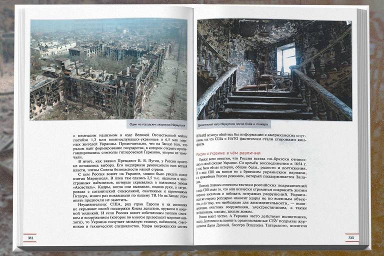 O livro afirma que a cidade ucraniana de Mariupol, bombardeada pelos russos, foi destruída durante batalhas com 'nazistas' e 'mercenários estrangeiros'
