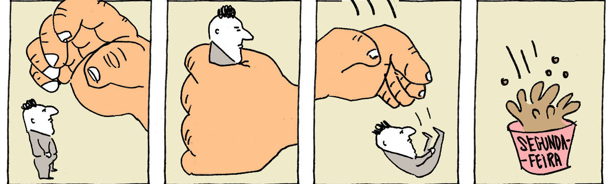 A tira de André Dahmer, publicada em 18.03.2024, tem quatro quadrinhos. Em movimento contínuo do primeiro ao terceiro quadrinho, uma mão gigante captura um homem e o arremessa. No quarto e último quadrinho, o homem caí em um grande balde, que espirra um líquido marrom. No balde é possível ler: "Segunda-feira".