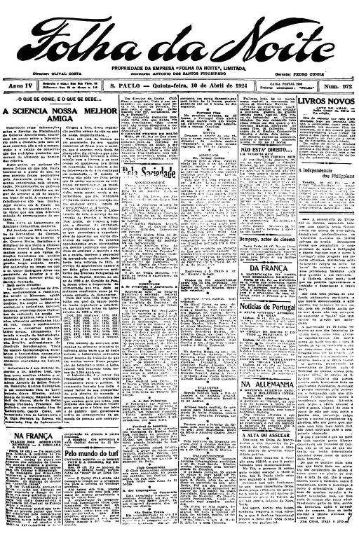 Primeira Página da Folha da Noite de 10 de abril de 1924