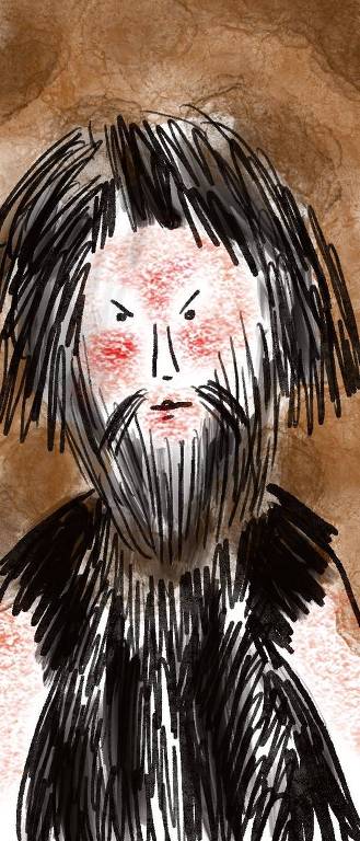 Desenho de um homem das cavernas camuflado com um pó avermelhado.